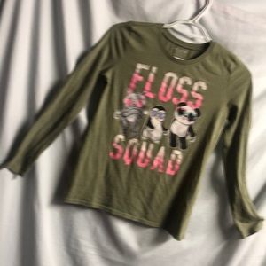 Large 10/12 girls long sleeved Floss Squad olive green shirt guc